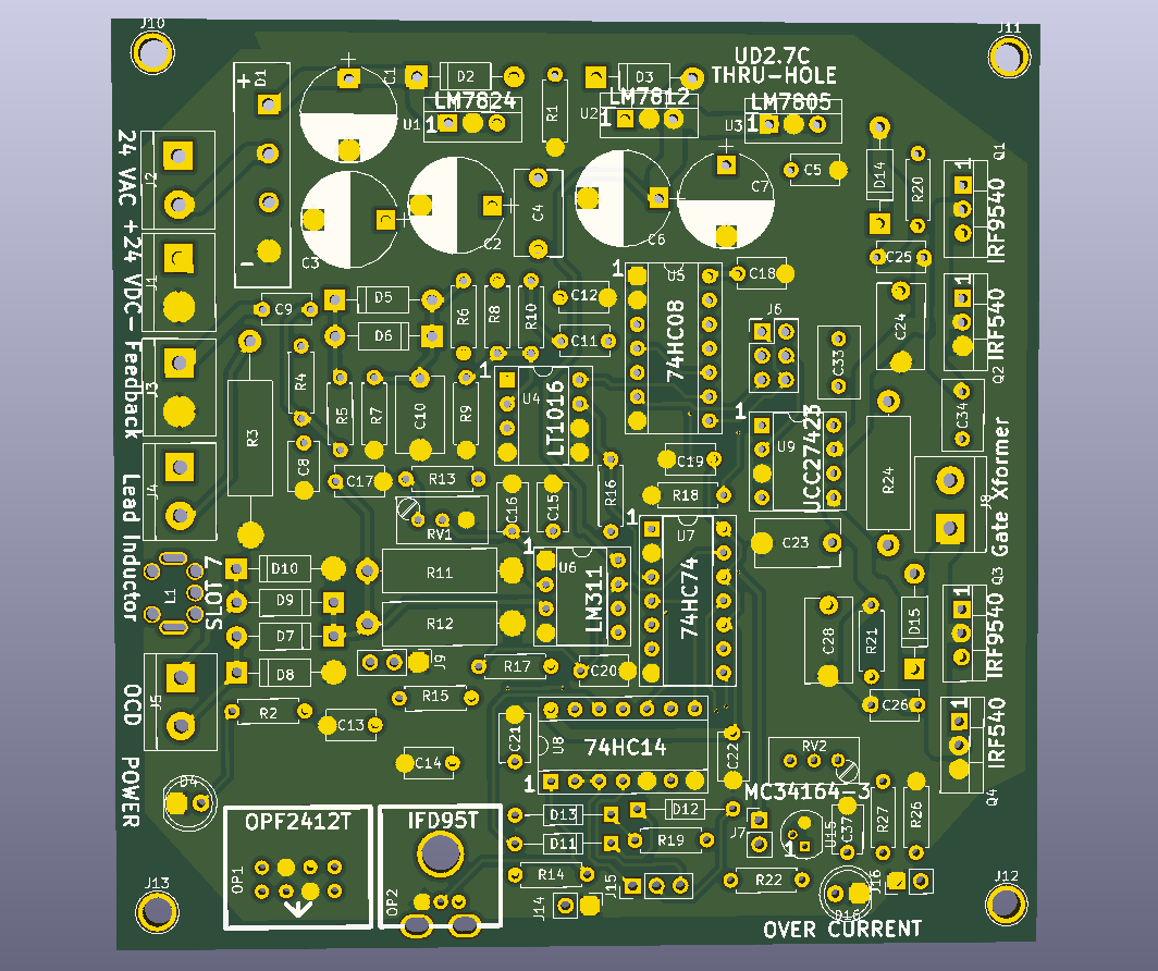 Bare board render of the UD2.7C through-hole driver, silkscreened UD2.7C THRU-HOLE. Down the left edge, connectors labelled 24 VAC, +24 VDC minus, Feedback, Lead Inductor, SLOT 7, OCD and POWER. Down the right, the gate transformer header and four MOSFETs, two IRF9540 and two IRF540. Across the middle, LT1016, LM311, 74HC08, 74HC74, 74HC14 and a UCC27425, with an OPF2412T and an IFD95T fibre receiver at the bottom left.