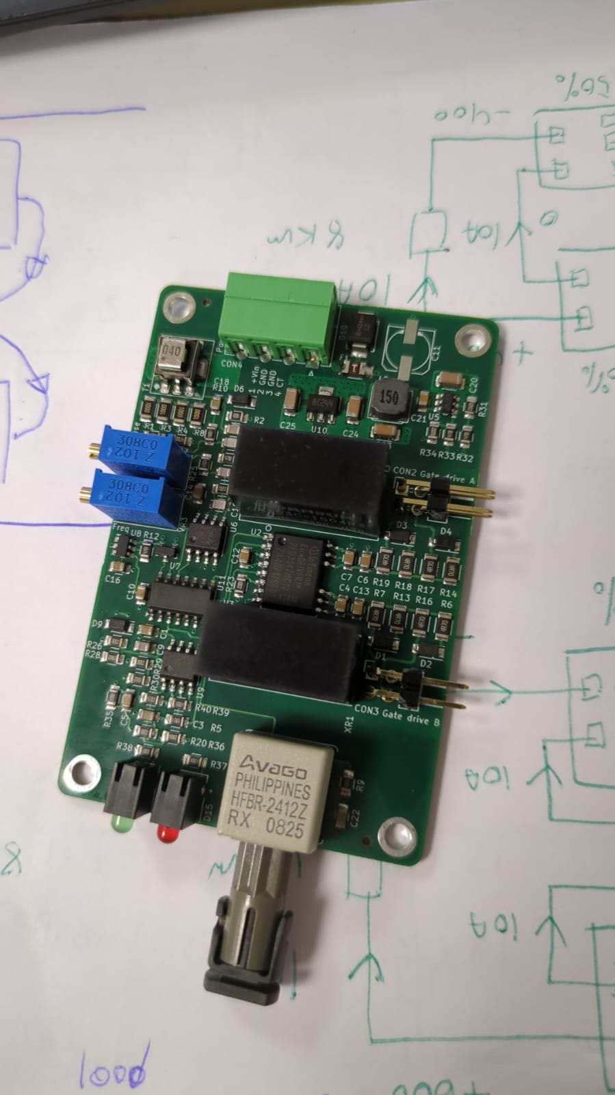 assembled control board: HFBR-2412Z fibre RX, 2EDx9259Y, isolated DC-DCs
