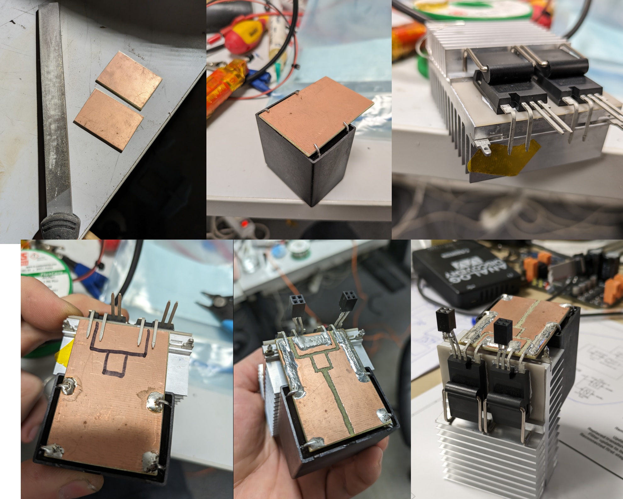 SiC half-bridge construction: copper bus plates, TO-247 on heatsink