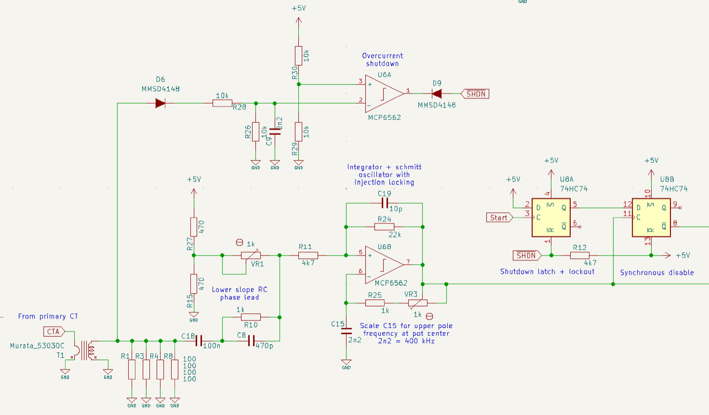 oscillator + overcurrent schematic (KiCad, 2024)