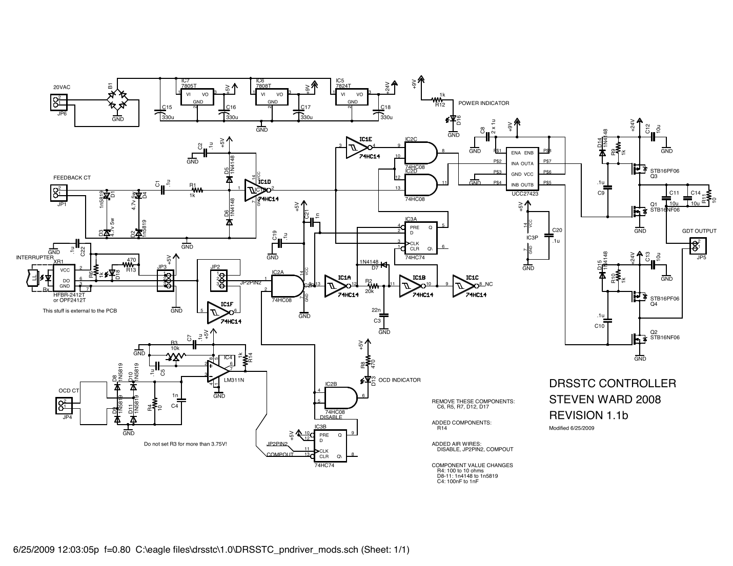 schematic: revision 1.1b with the author’s own modification list printed on the sheet (modified 25 Jun 2009)