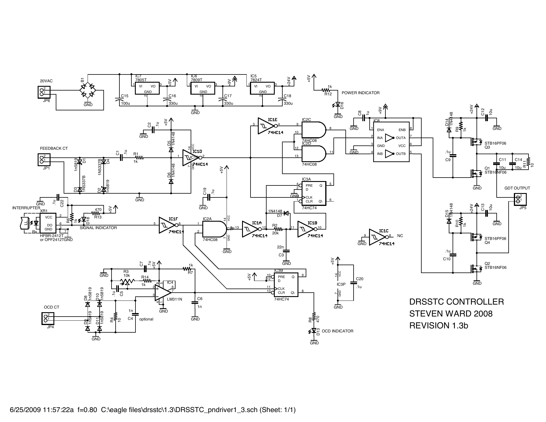 schematic: “DRSSTC Controller, Steven Ward 2008, revision 1.3b” (EAGLE sheet, 25 Jun 2009)