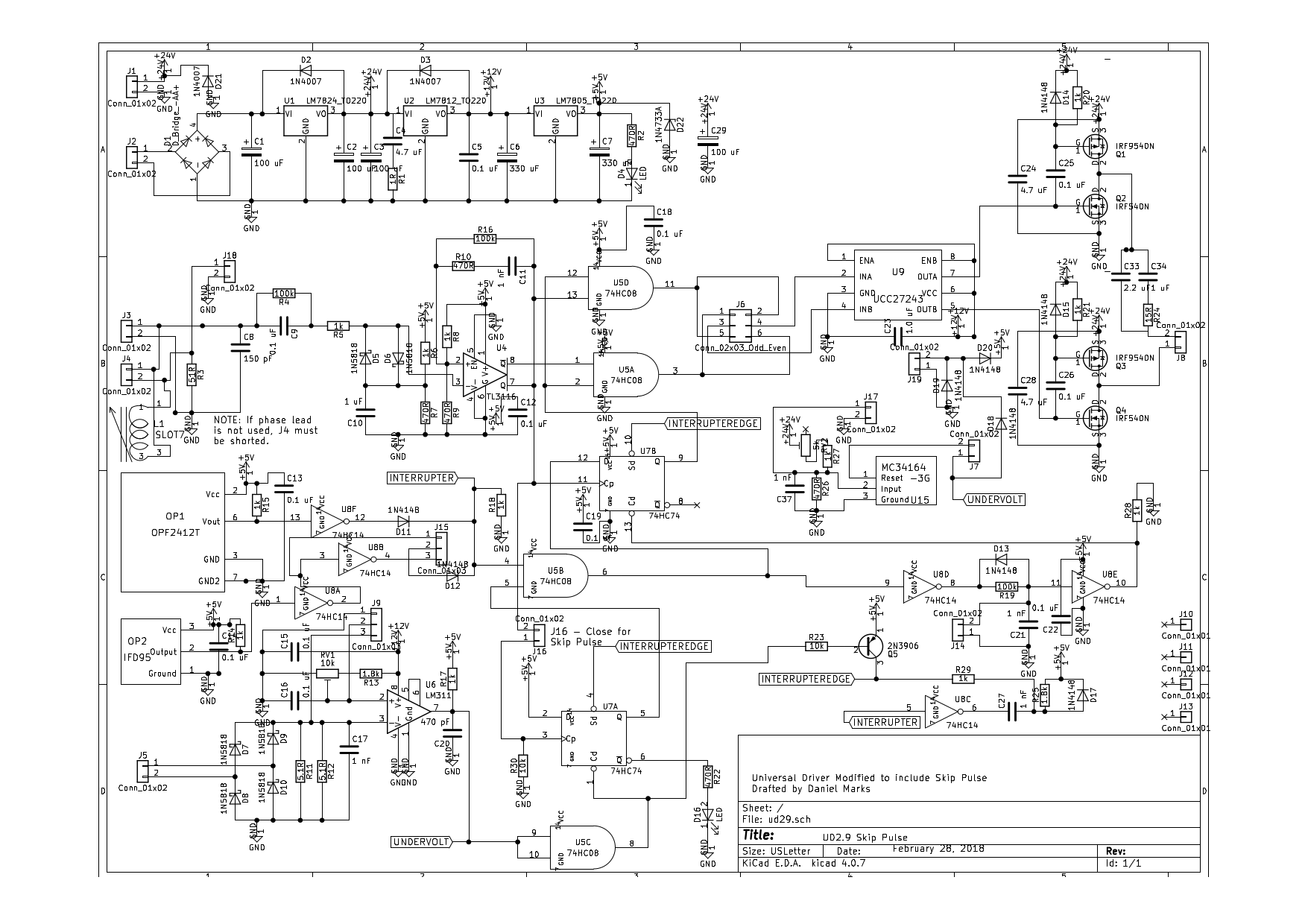 schematic: UD2.9 Skip Pulse, drafted by Daniel Marks (KiCad, 28 Feb 2018)