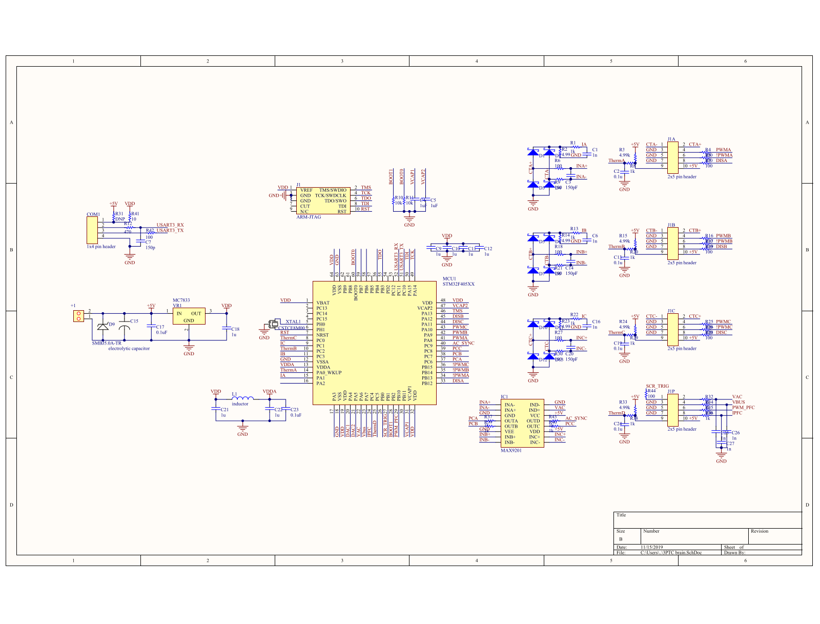 “3PTC brain” schematic: STM32F405, three phase channels, mains sync (Altium, 15 Nov 2019)