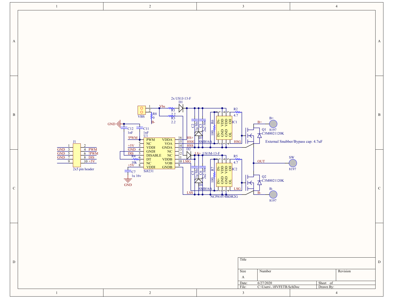 phase half bridge schematic: Si8231 into NCP81074 into C3M0021120K SiC (27 Jun 2020)