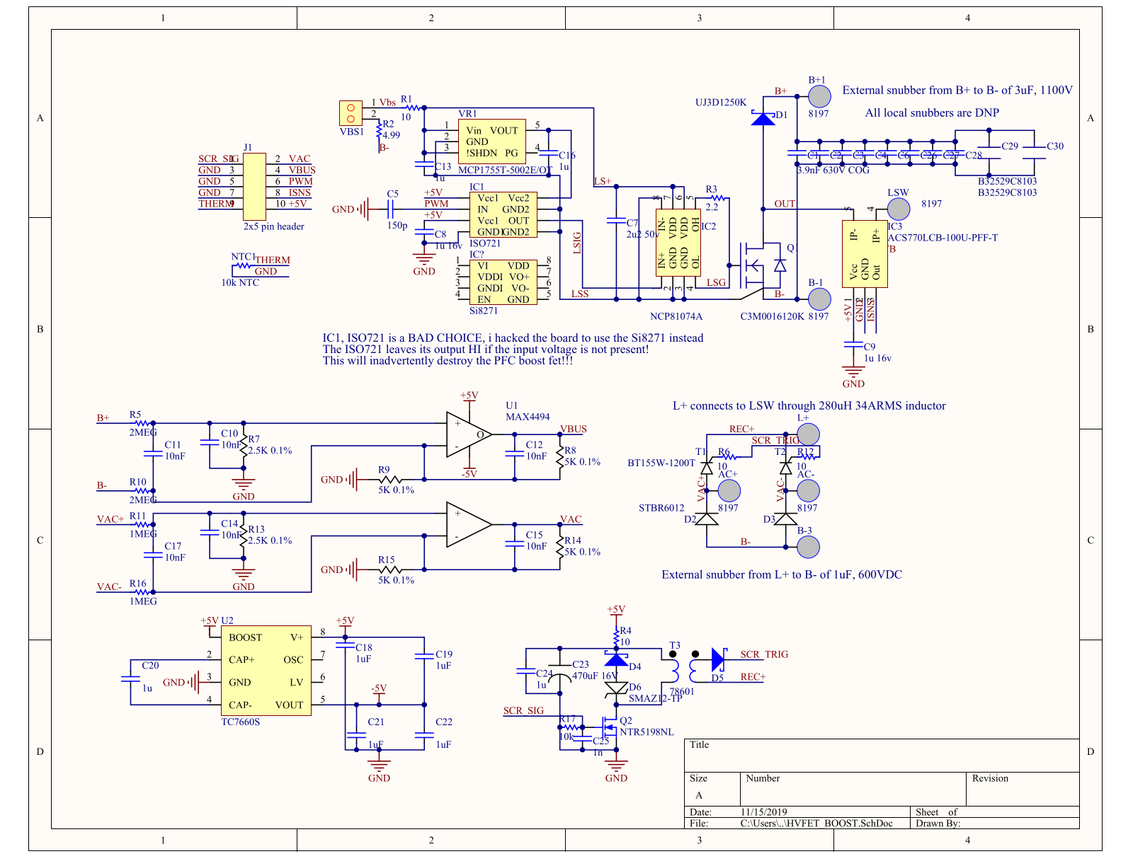 schematic: SiC boost PFC, with his own warning about the ISO721