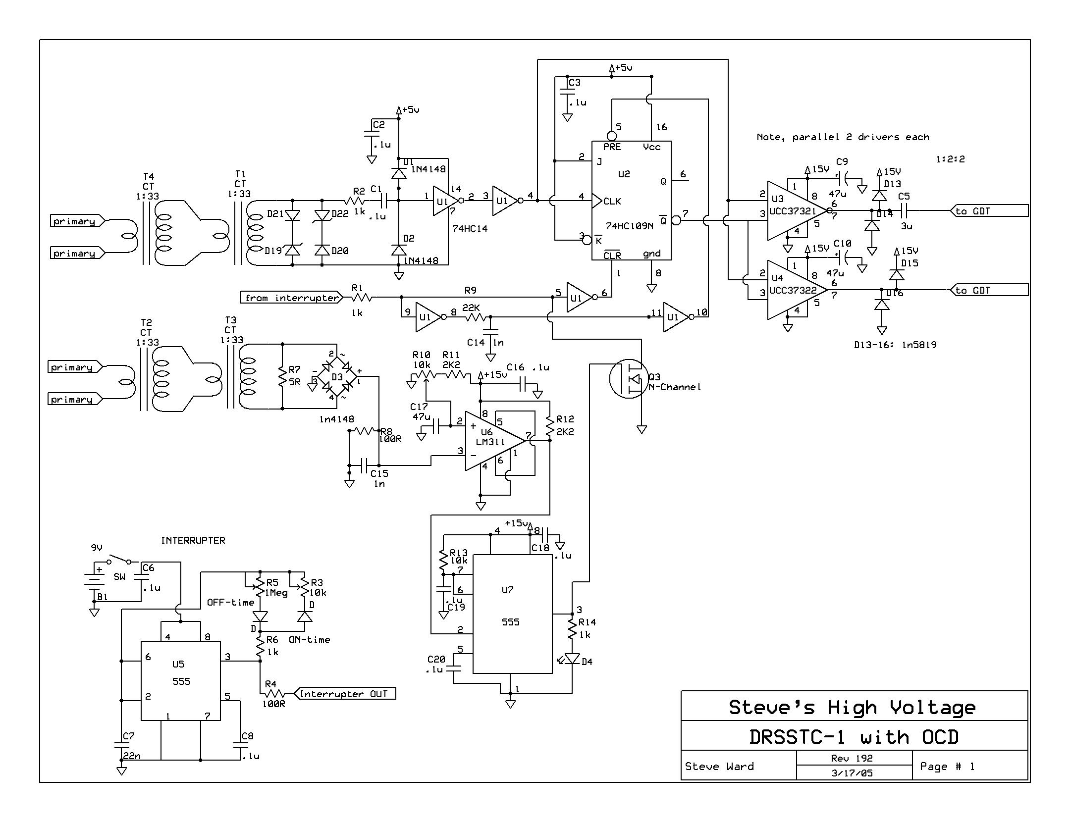 “DRSSTC-1 with OCD” schematic, Rev 192, 17 Mar 2005: four 1:33 CTs, 74HC109N, paralleled UCC37321/37322, LM311 overcurrent