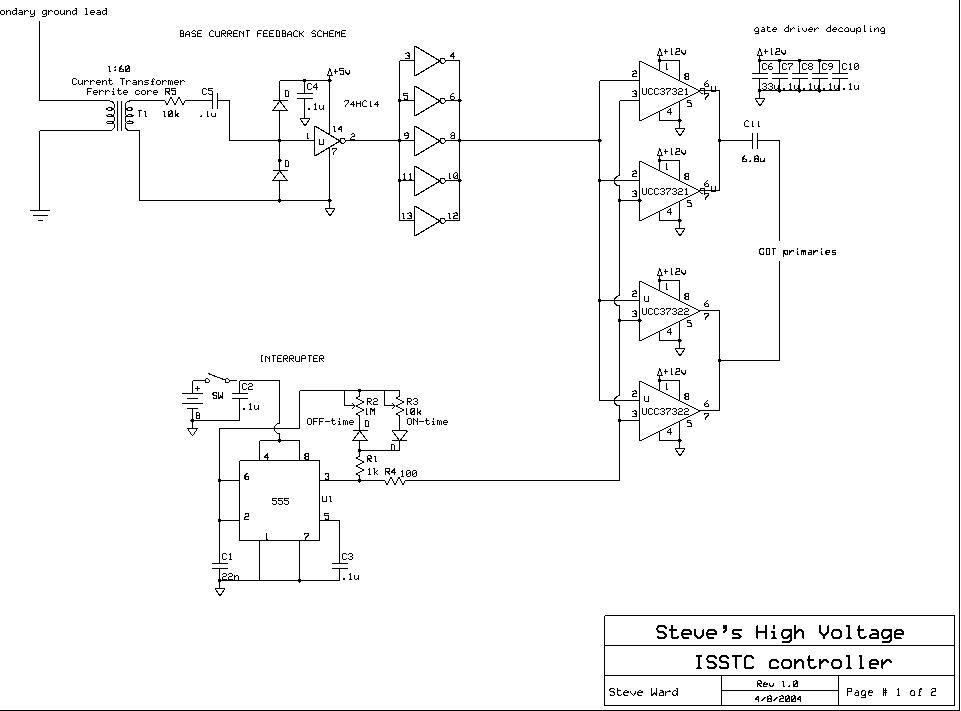 “ISSTC controller”, schematic p.1: 1:60 feedback CT, UCC37321/37322, 555 interrupter (Rev 1.0, 8 Apr 2004)