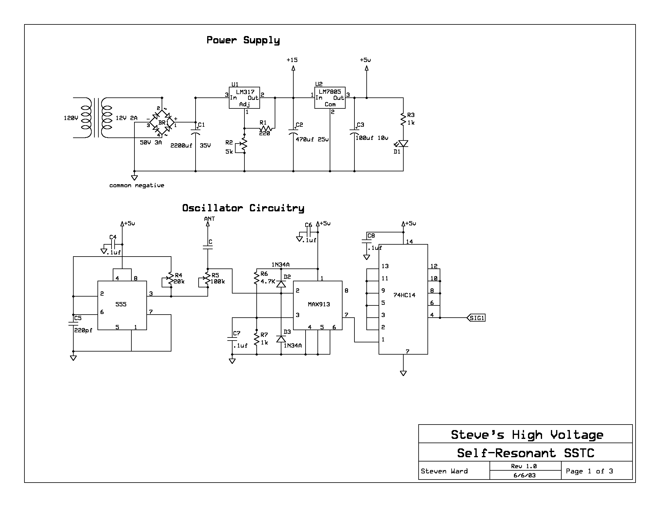 schematic p.1: supply + oscillator (555, MAX913, 74HC14), Rev 1.0, 6 Jun 2003