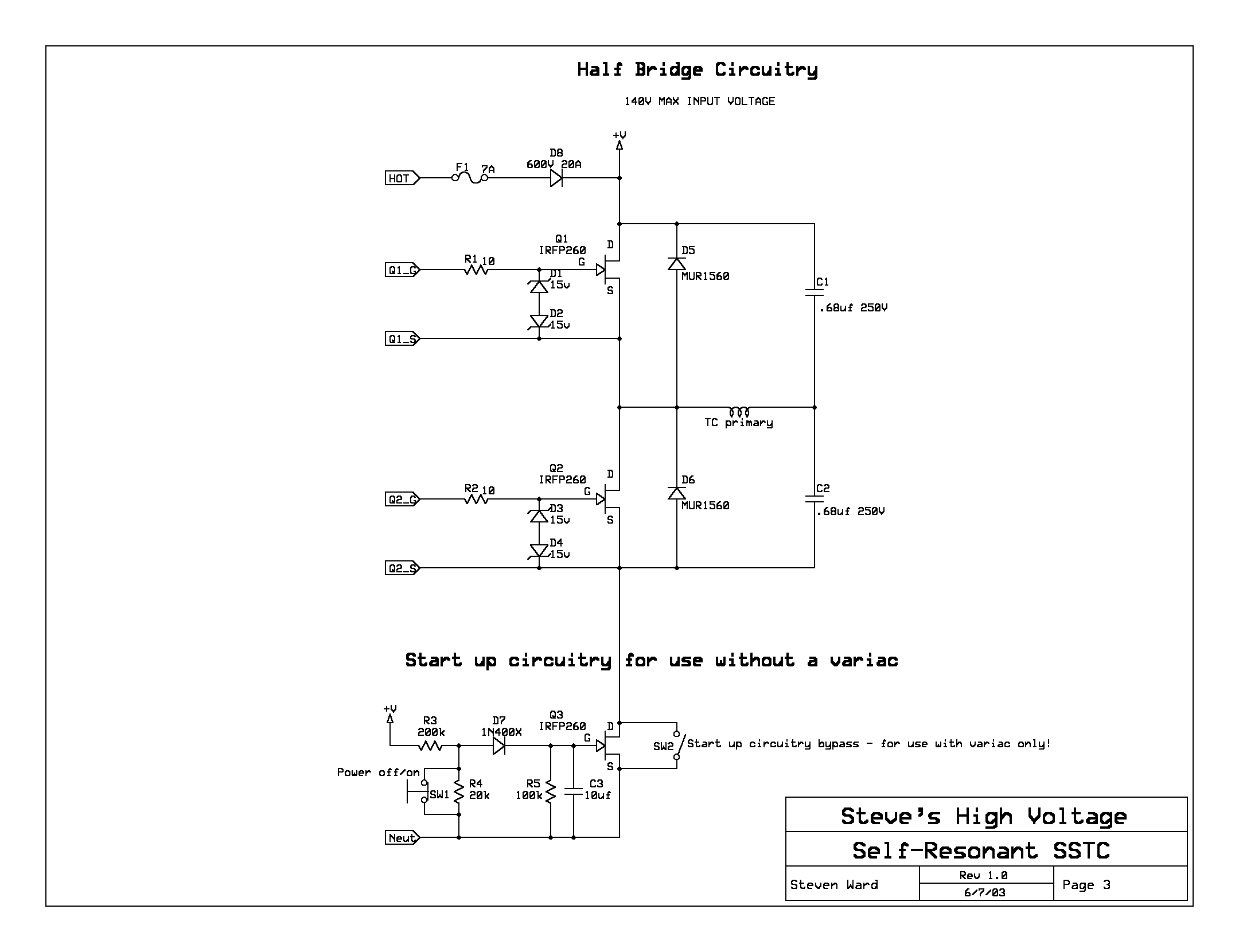schematic p.3: half bridge, IRFP260 ×2, 140 V max, with no-variac start-up